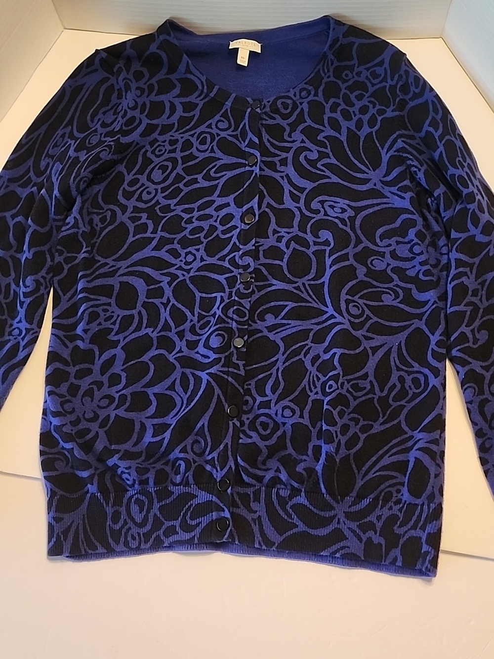 Talbots Purple Black Floral Knit Cardigan Button Up Long Sleeve 100% Soft Cotton